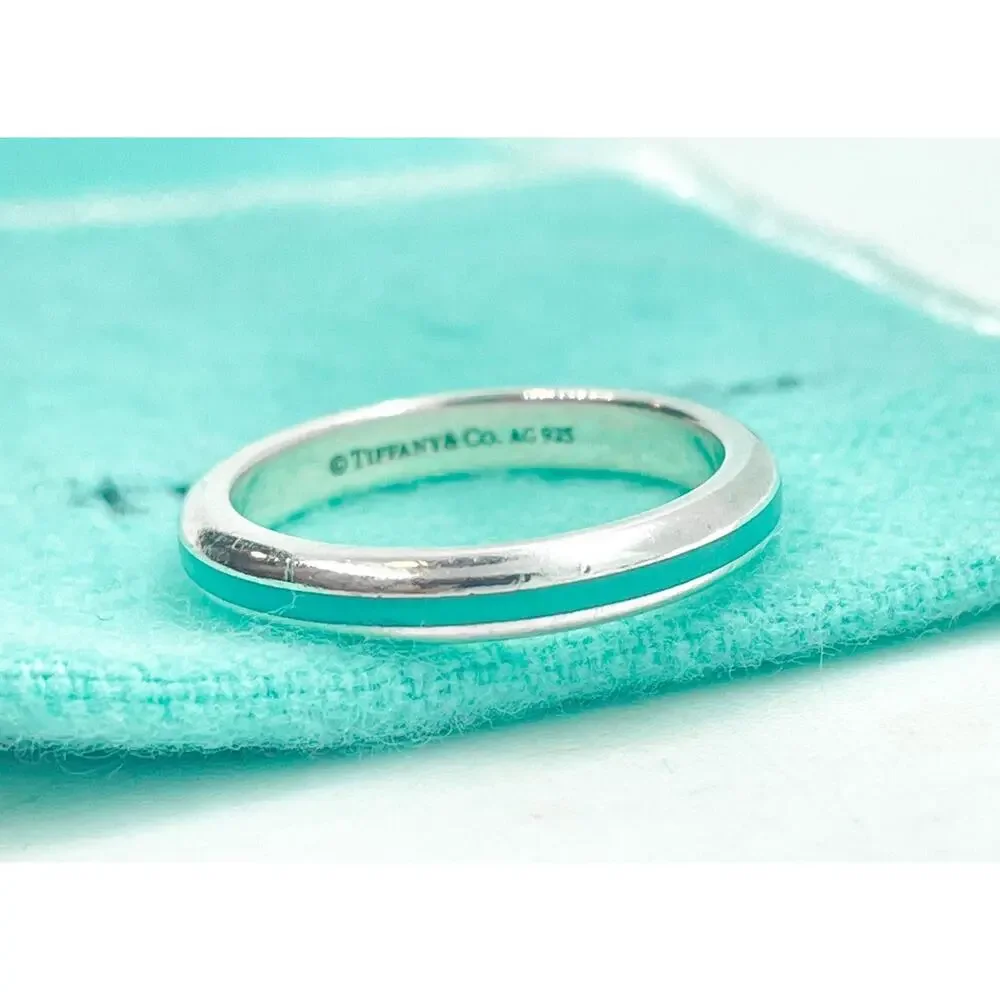 Tiffany & Co. Silver Blue Enamel Narrow Stripe Band Ring Size 5.75